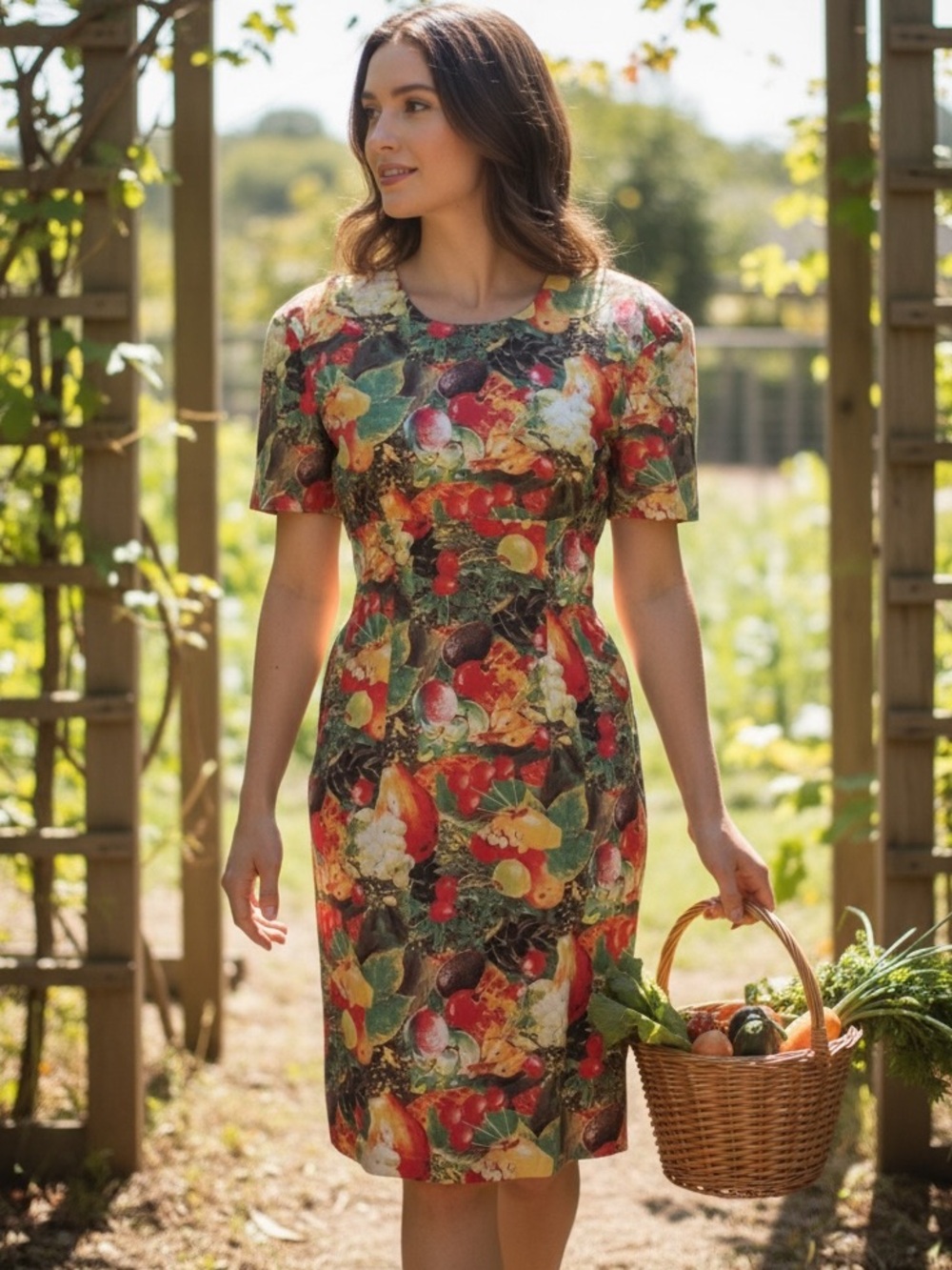 Vintage Fruit Cocktail Pattern Empire Waist Sheath Dress Hand Sewn